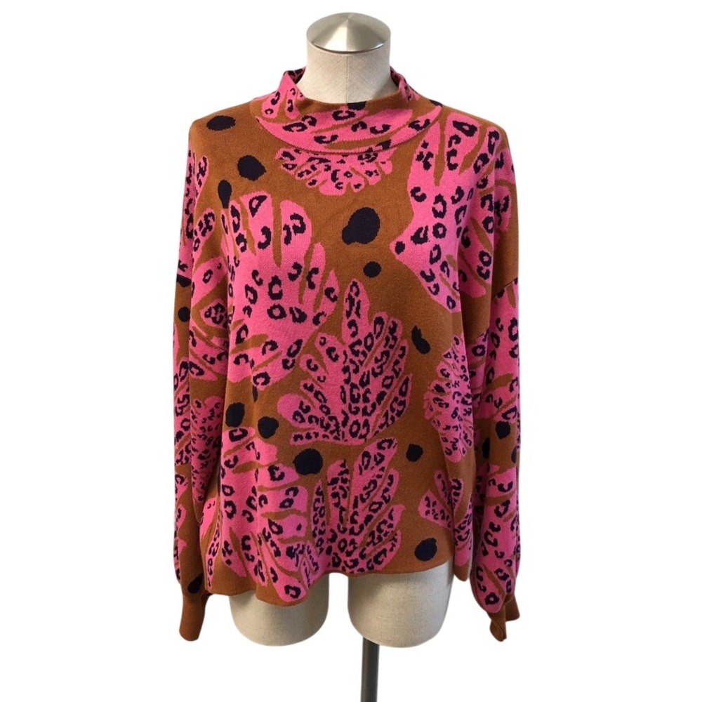 Fate Sweater Womens Large Brown Pink Leopard Monstera Leaf Knit Edgy Boho